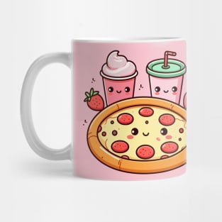 Kawaii Pizza Party with Pepperoni Pizza, Strawberry Ice Cream, and Drink | Kawaii Food Art Mug